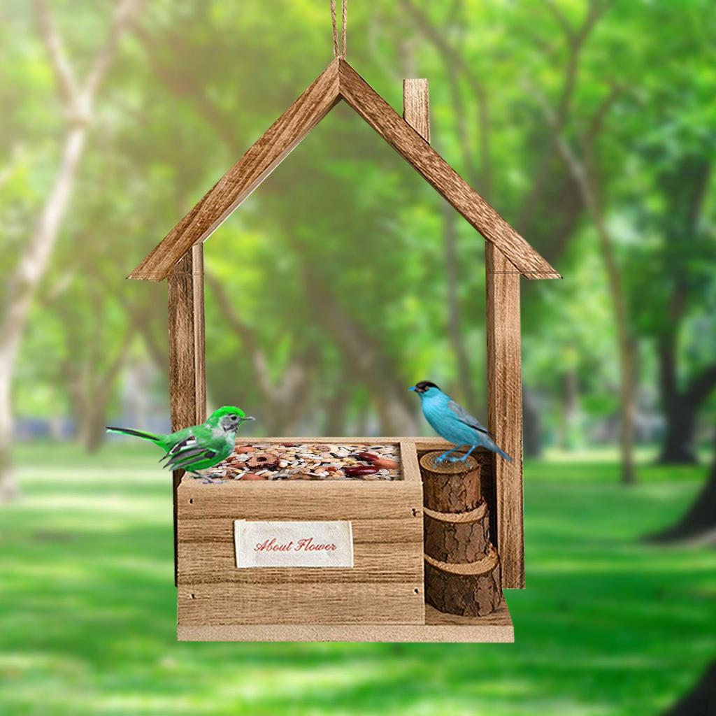 Wood Bird Feeder Birds Food Container Outside Weatherproof Window with Perch for Patio