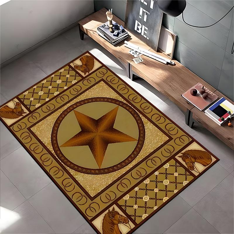 Western Star and Horse Design Rug - Non-slip rug suitable for living room and bedroom sofas.