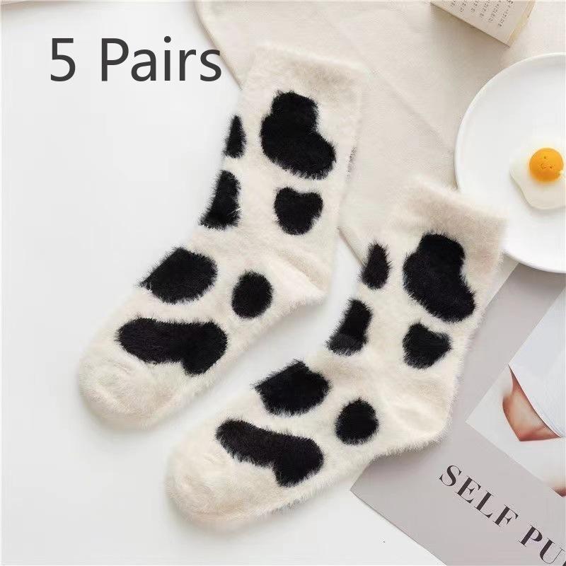 5 Pairs of Autumn and Winter Mink Velvet Cute Cartoon Women's Socks Warm Thickened Sleep Socks Floor Socks Mid-calf Padded Spotted Cow Socks