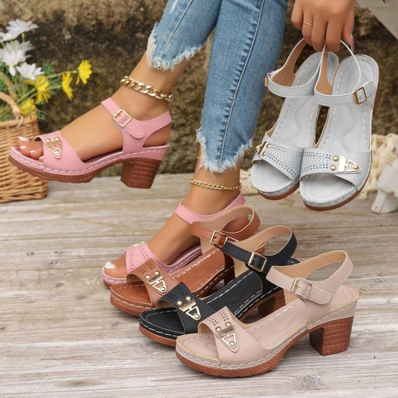 Fashion 2025 new style fashionable and casual toe exposed solid color large-sized round-toe one-line buckle high-heeled sandals