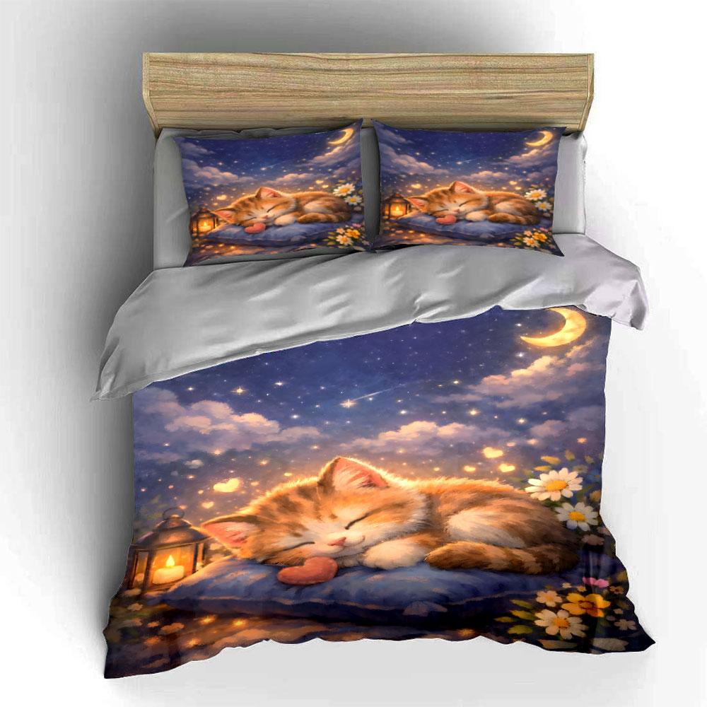 Cozy Kitten Sleeps Under Starry Sky Duvet Cover Set With 3D Printing Design Soft Polyester Bedding Set All-Season Comfort