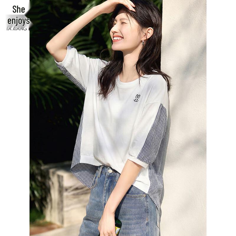 Women s Round Neck Plaid Patchwork Seven-Sleeve T-shirt S