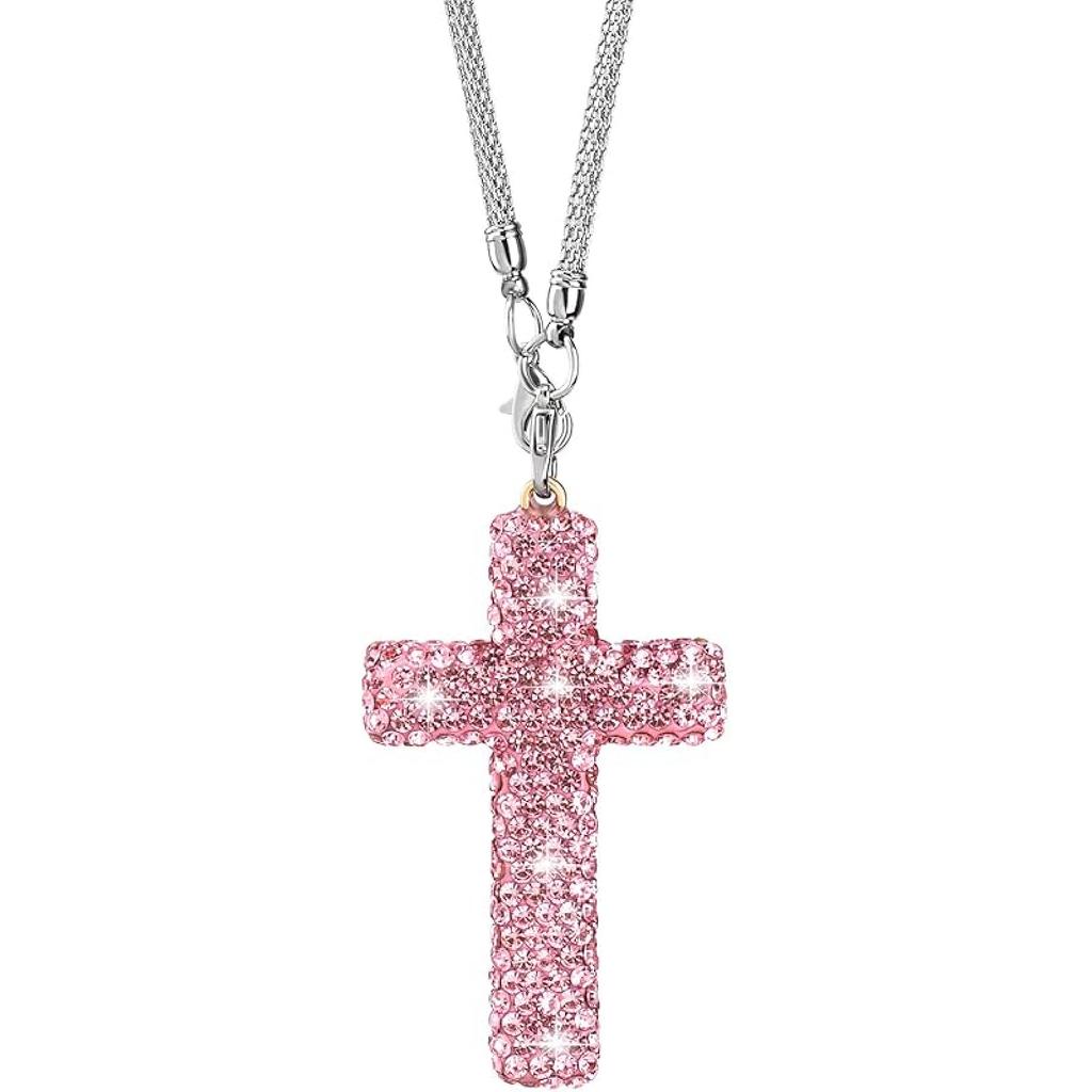 Crystal Cross Car Rear View Mirror Charm, Bling Rhinestone Car Hanging Accessories