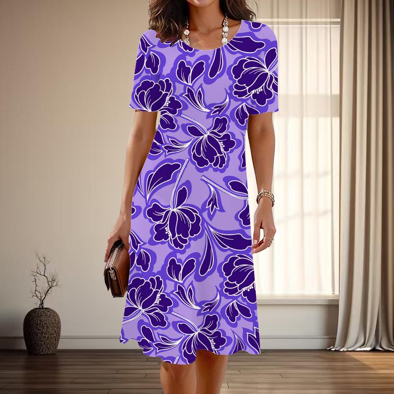 

Женская мода изящный цветочный принт лето весна короткий рукав О-образный вырез повседневные платья 7XL фиолетовый