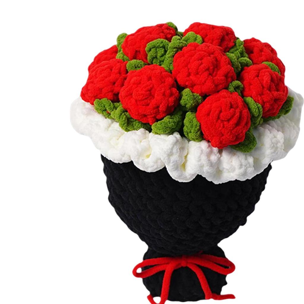 Crochet Rose Flower Bouquet,Creative Sturdy Table Centerpiece Woven Finished Handmade Knitted for Home Festival Party Wife Women