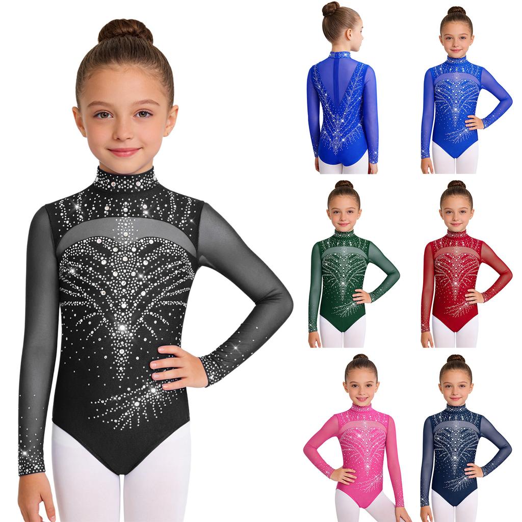 Mädchen Rollkragen Unitard Langarm Netz-Patchwork Glitzernde Strasssteine Rücken Unsichtbarer Reißverschluss Gymnastikbodysuit