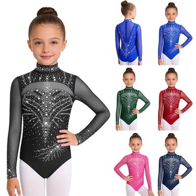 Leotard da ginnastica per bambina con collo alto, manica lunga, inserti in rete, strass scintillanti, zip invisibile sul retro
