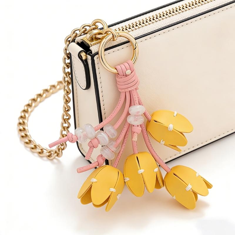 Elegant Tulips Shaped Leather Keychain With Beaded Accent For Bags And Keys Stylish Accessory Gift