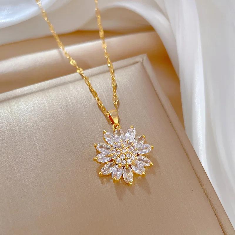 316L Stainless Steel Luxury Zircon Flower Pendant Necklace For Women Girl New Trend Clavicle Chain Jewelry Lady Gift