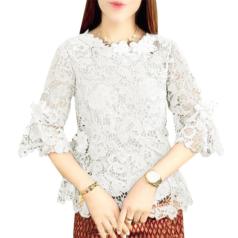 

ZANZEA Женская повседневная блузка с круглым вырезом и рукавами 3/4, кружевная вставка 5XL белый
