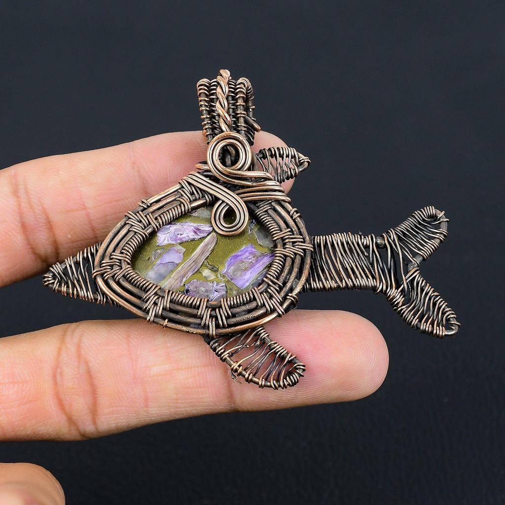 Amazing Copper Charoite Gemstone Handmade Pure Copper Wire Wrapped Fish Pendant Jewelry
