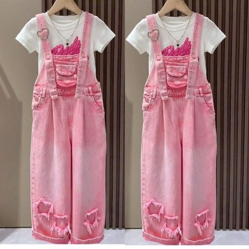 Adorable Girls Summer Outfits Loose Fit Denim Suspenders Set With Colorful T-shirt