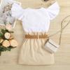 Girls' Suit Summer Children's Cardigan Top Solid Color A-line Skirt with Belt
