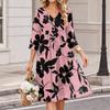 Women's Casual Floral Print V-Neck Three-Quarter Sleeve Dress