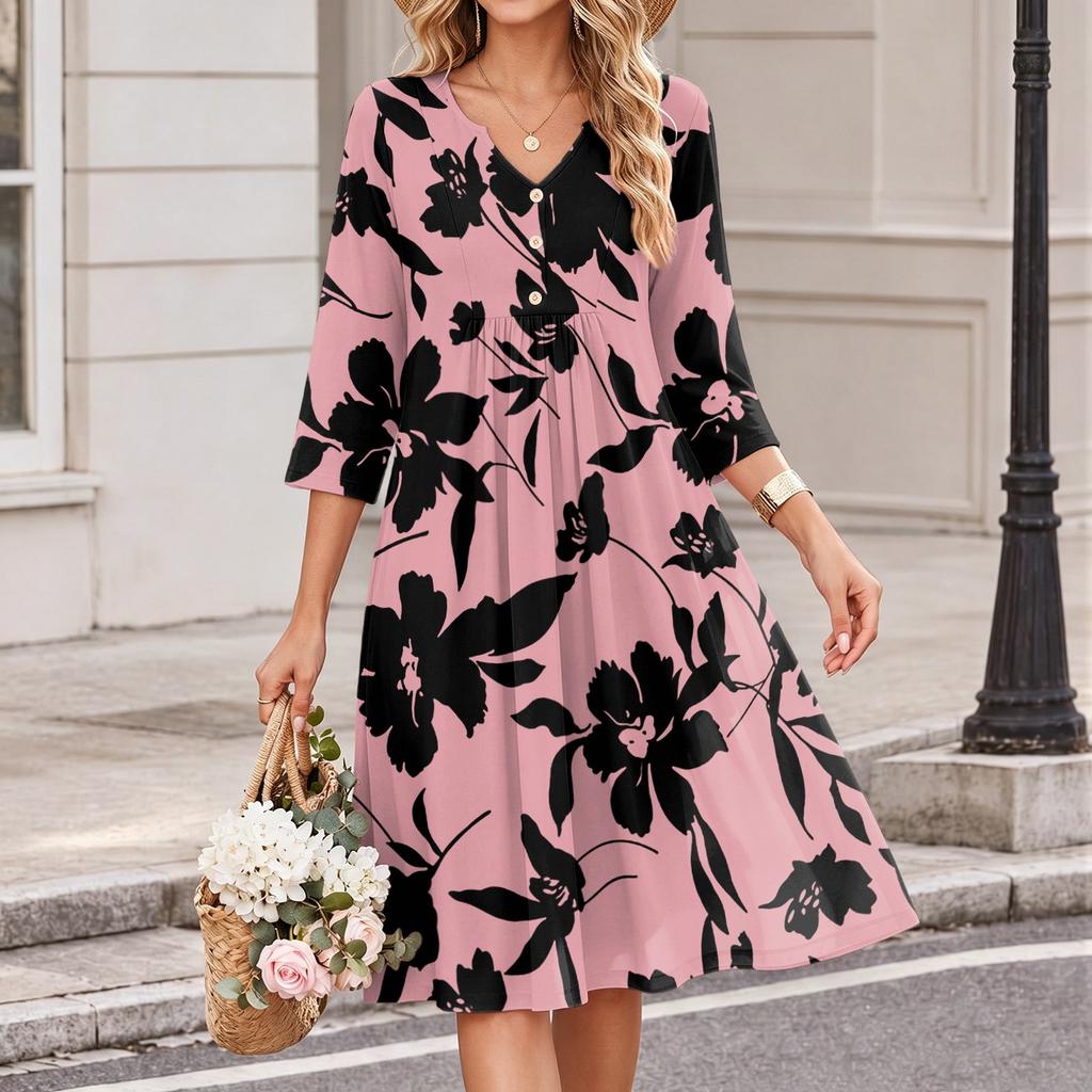 Women's Casual Floral Print V-Neck Three-Quarter Sleeve Dress
