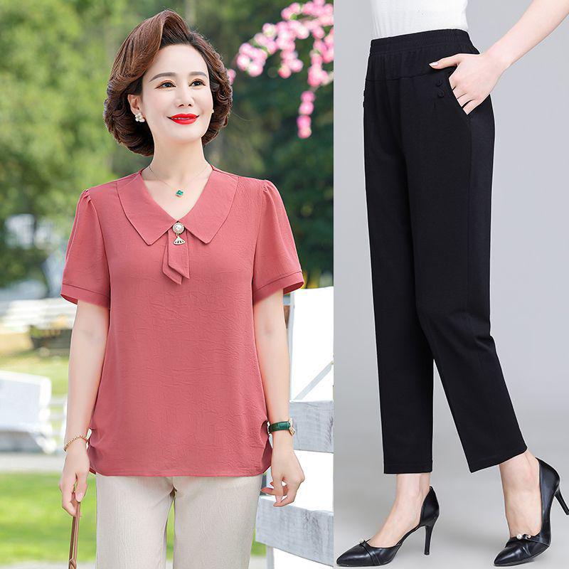 Mom's Stylish Summer Two-Piece Set: Chiffon Top & Short Sleeve T-Shirt for Middle-Aged Women