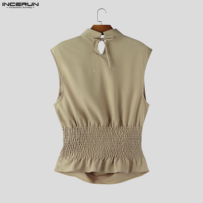 INCERUN Men Stand Collar Sleeveless Elastic Waist Fitted Casual Twisted Tank Tops