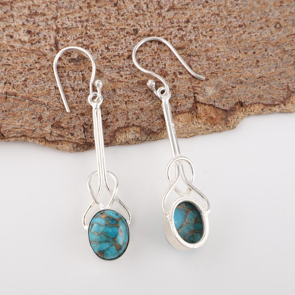 Blue Copper Turquoise Handmade Gemstone Earrings, 925 Solid Sterling Silver Earrings Dainty Silver Jewelry, For Engagement Gift