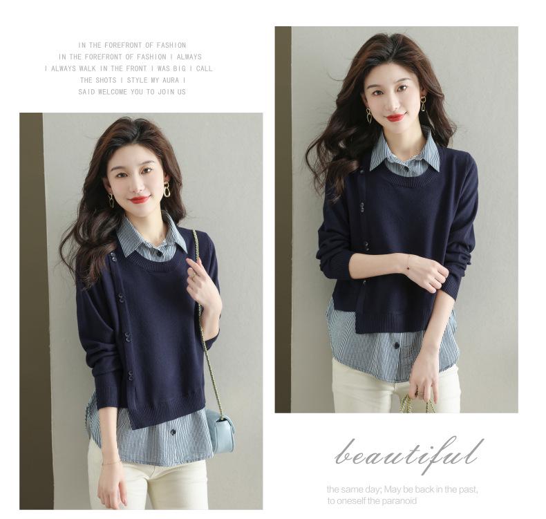 Women's Fake Two-Piece Knit Top with Shirt Collar - Stylish Autumn 2025 Sweater