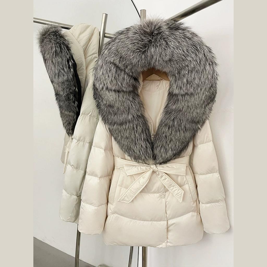 Winter Fox Big Fur Collar High-end Thickened Down Jacket Women's Mid-length Waist Imitation Leather Jacket