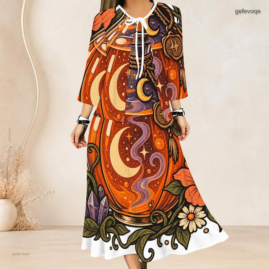 Women Plus Size Two Piece Dress Set Tie Neck Three Quarter Sleeve Cardigan Sleeveless Long Dress Halloween Ghost Pumpkin Printed White