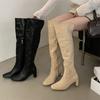 2025 Vintage Fold Two Wear Tall Boots Femininity Two-Color Lapel Over Knee High Heel Side Zipper Skinny Boots