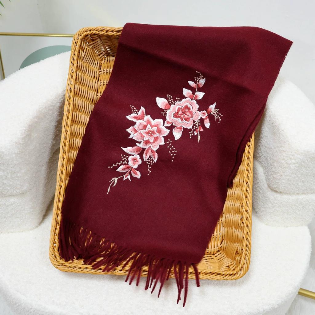 New Year's Embroidered Wool Scarf for Autumn and Winter Thickened Warm Scarf With Tassel