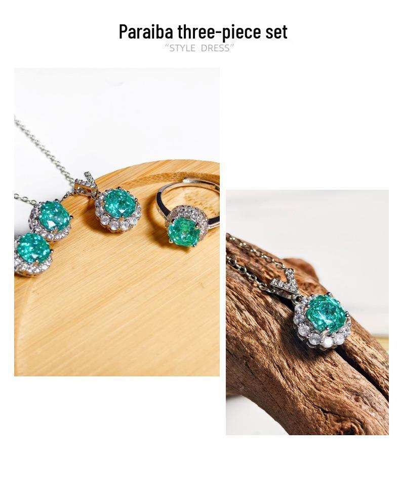 Gessen Paraiba Schlichtes Rosenschliff Schmuckset: Exquisite Ohrringe, Ring & Anhänger im leichten Luxusstil.