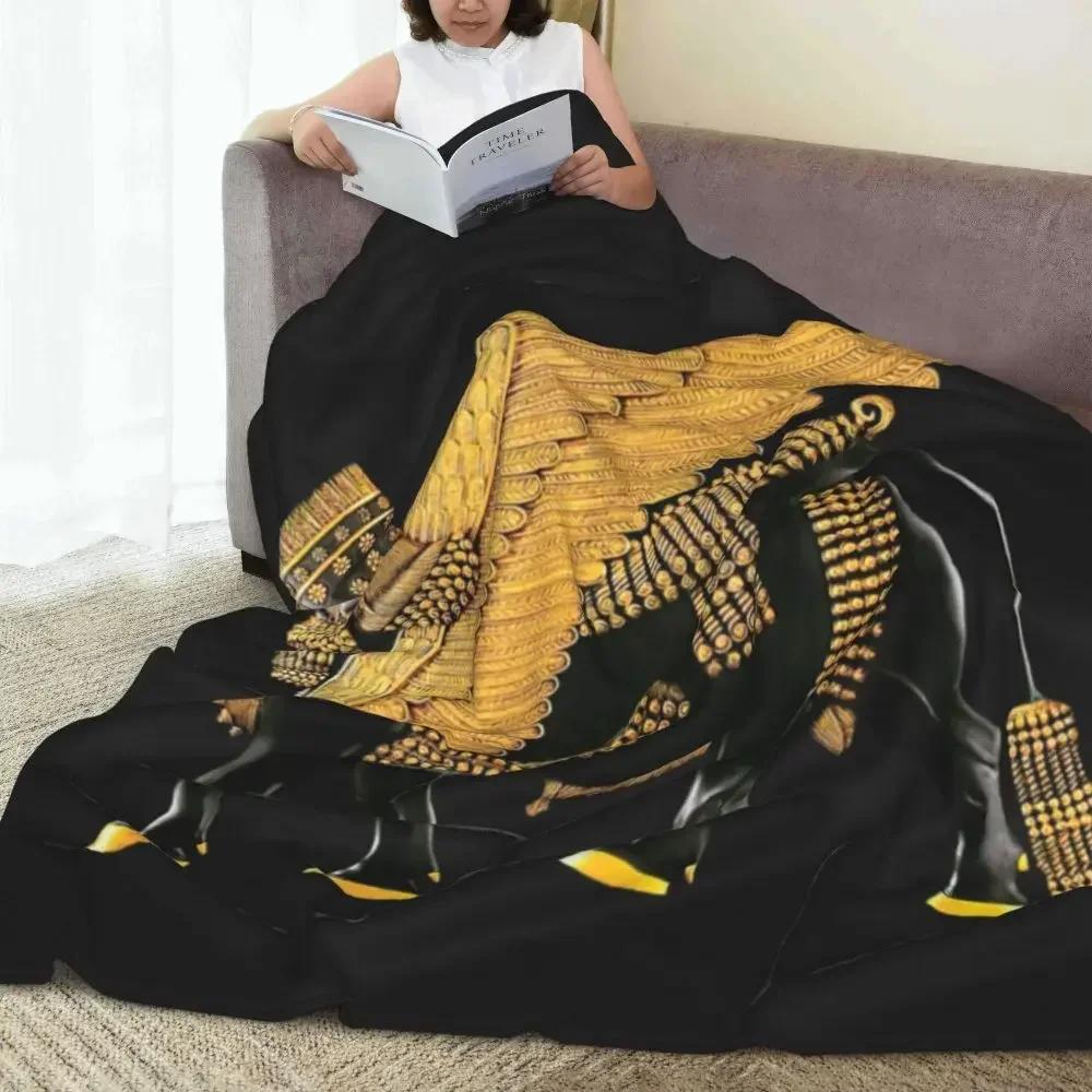 Assyrian Winged Bull Flannel Throw Blanket Soft Warm Retro Couch Bed Camping Aesthetic Bedspread Sofa Cover 75X95CM