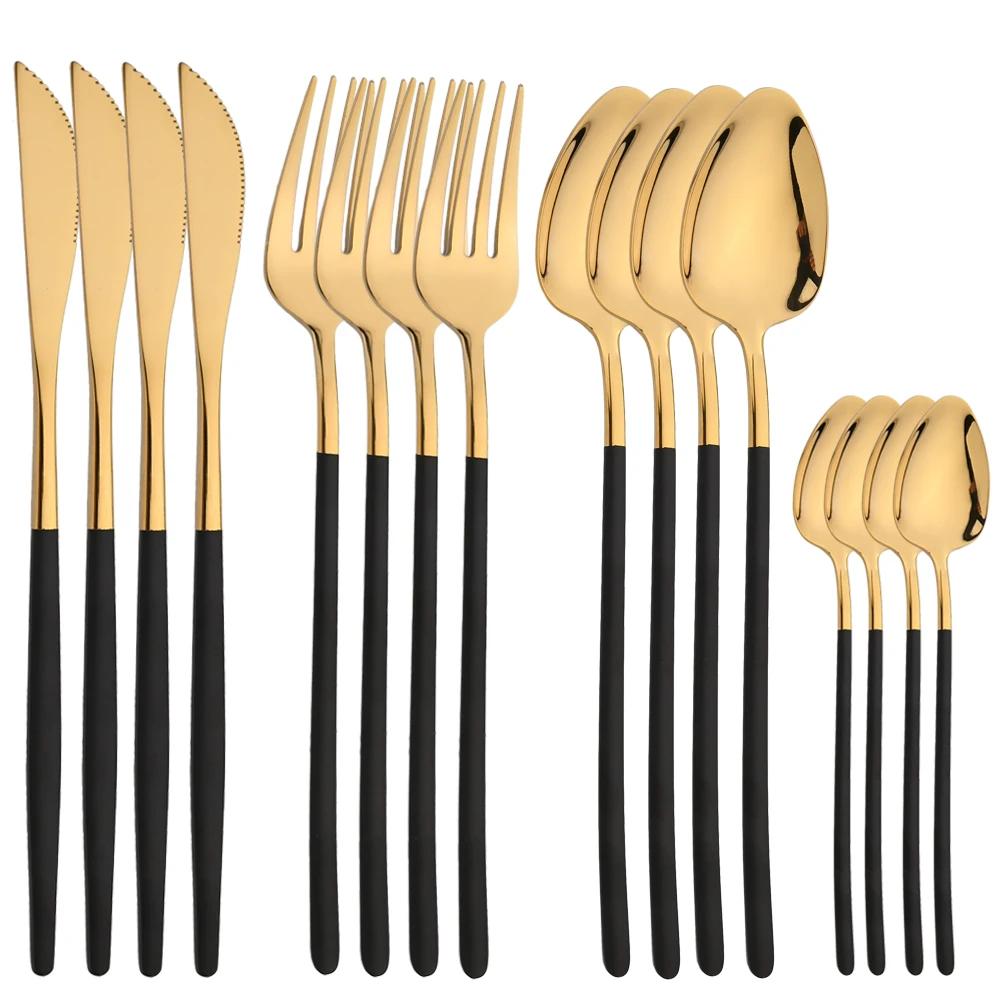 16Pcs Cutlery Set Stainless Steel Gold Dinnerware Dinner Knife Fork Spoon Teaspoons Western Reusable Polished Utensils For Home