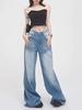 Crease Blue Elegant Washed Jeans Women All Match Vintage Mop Pants Loose Straight Fashion Design Wide Leg Pants Streetwear