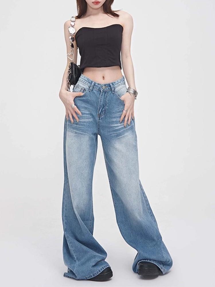 Crease Blue Elegant Washed Jeans Women All Match Vintage Mop Pants Loose Straight Fashion Design Wide Leg Pants Streetwear