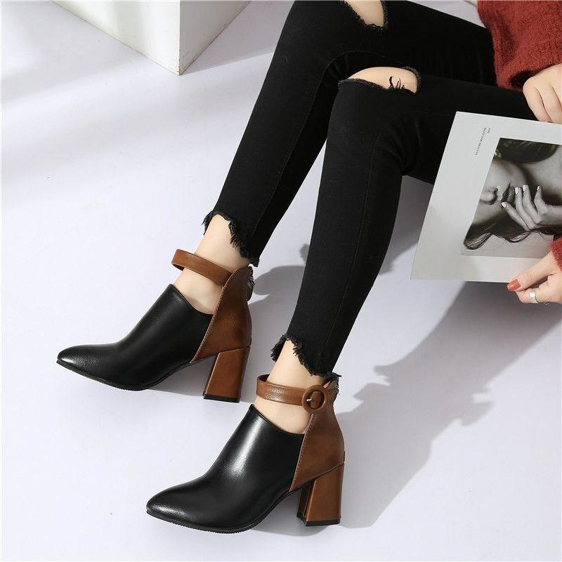 Pointed Toe Heeled Ankle Boots for Women Spring Autumn Color Blocking Woman Short Shoes On Promotion Large Size Warm Pu Booties