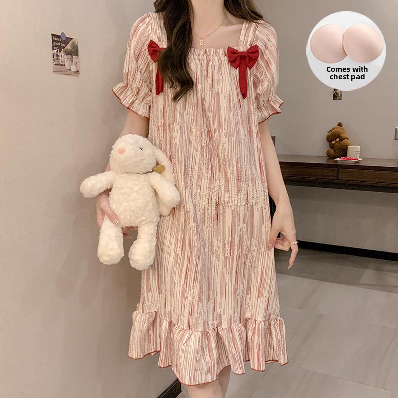Summer Bubble Cotton Nightdress for Women with Chest Pads - Sweet, Cute, and Versatile Short-Sleeve Pajamas