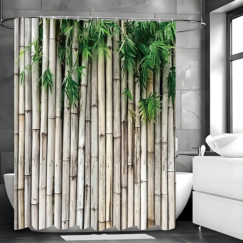 Bamboo Green Leaf Shower Curtain, Bathroom Decorative Shower Curtain, Waterproof Shower Curtain with Hooks