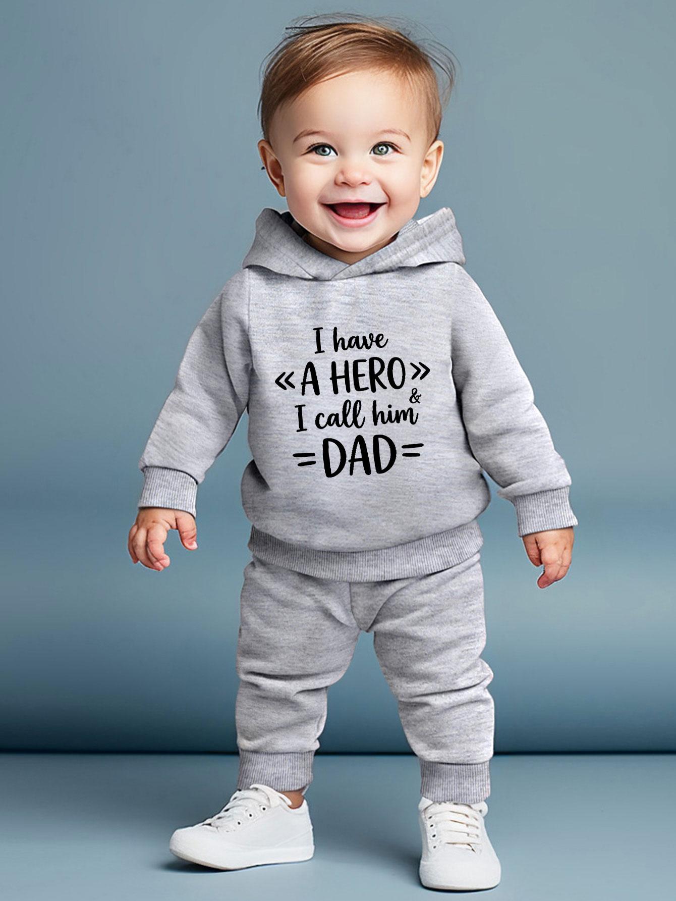 

Funny Slogan Printed Hooded Two-Piece Outfit for Baby Boys, Elastic Waist Cuffed Trousers Matching Casual Stylish Daily Outdoor Baby Clothing Set 6-9M серый