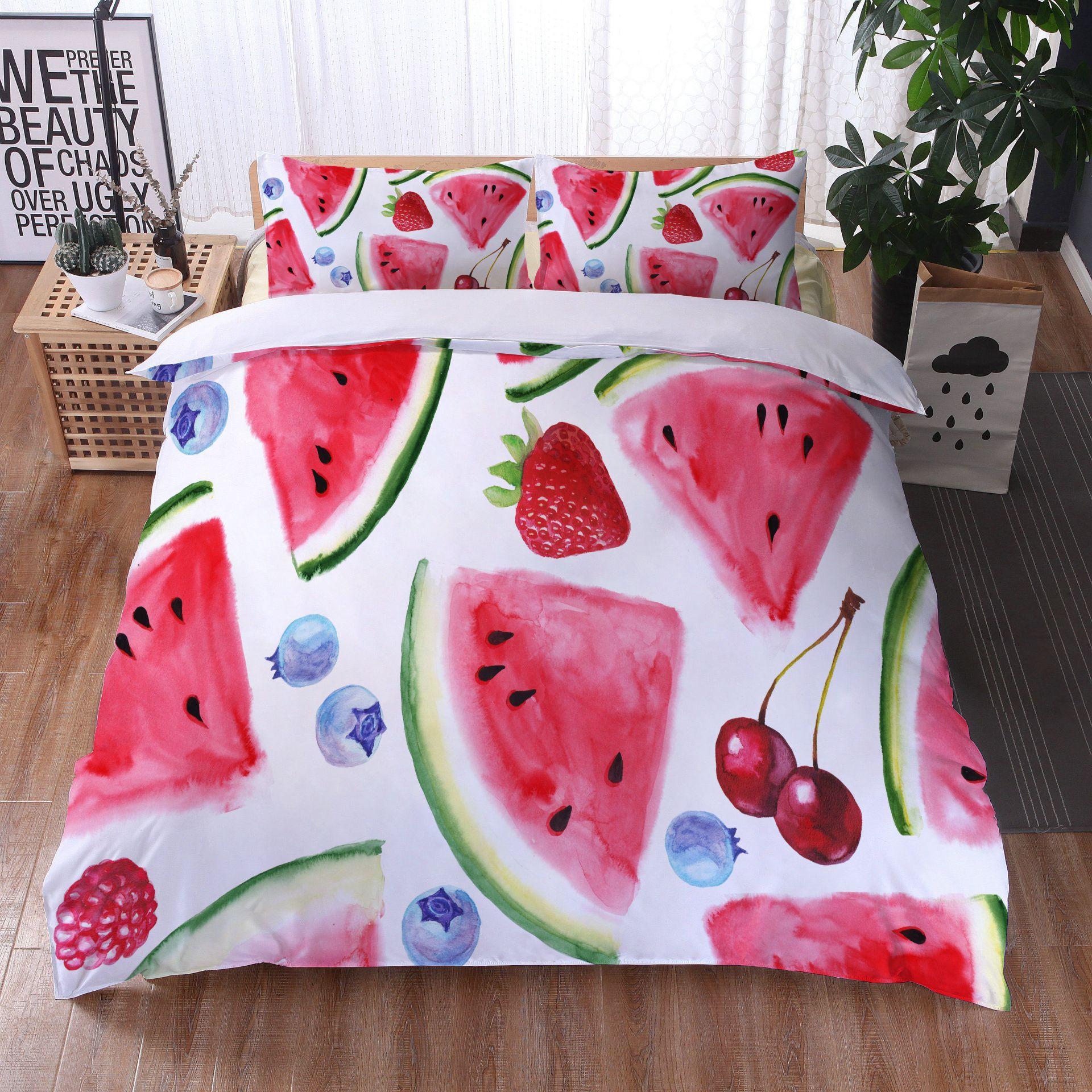 

Пододеяльник с изображением арбуза King Queen, летний комплект постельного белья с черно-зелеными полосками и фруктами, девчачий, акварельный, 2/3 предмета, полиэстер, пододеяльник 135x200cm 2pcs