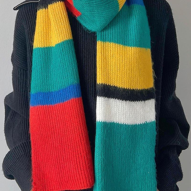 Autumn and Winter New Block Rainbow-colored Knitted Scarf Fashion Warm Scarf Versatile Scarf Dual-purpose