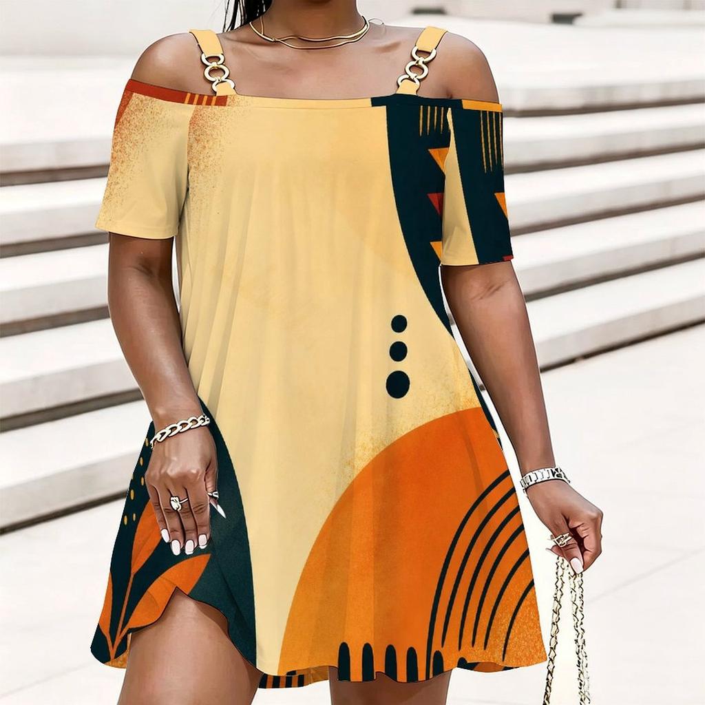 Women Plus Size Cold Shoulder Chain Strap Printed Short Sleeve Loose Mini Dress