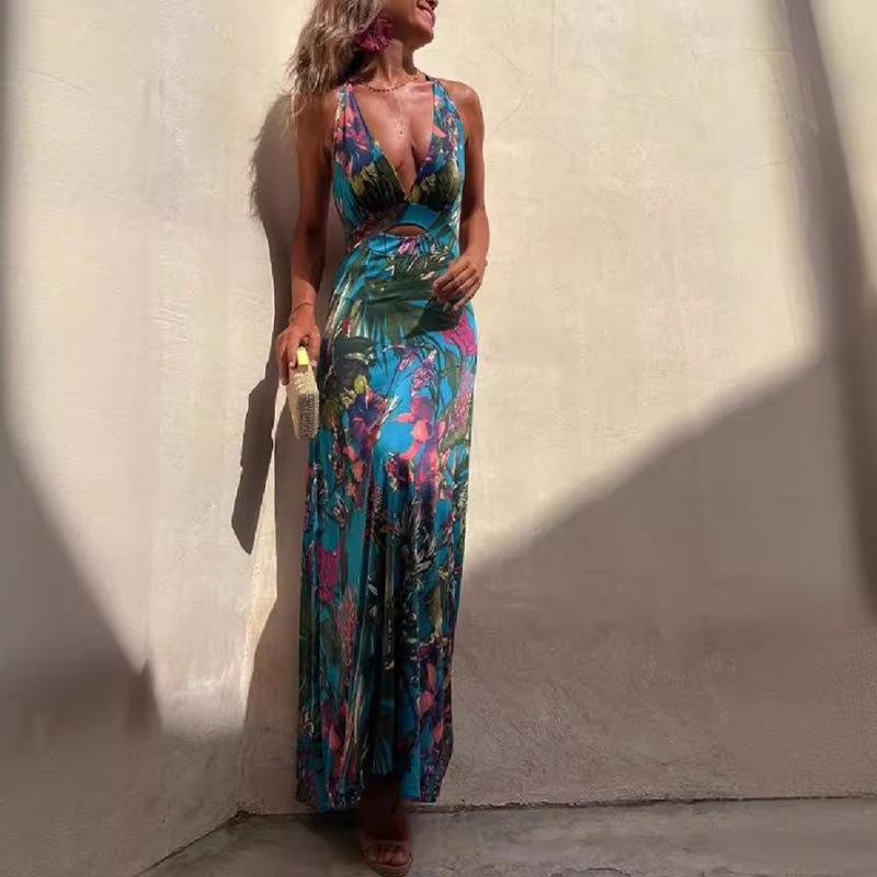 2023 European & American Sexy Print Spaghetti Strap Vacation Dress for Women