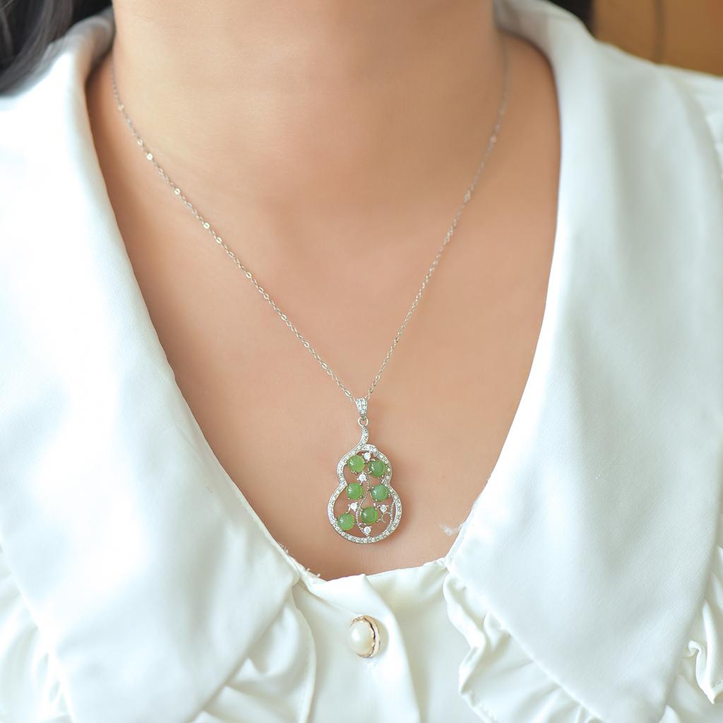 Hotan Jade S925 Silver Inlaid Jasper Gourd Pendant Necklace for Women