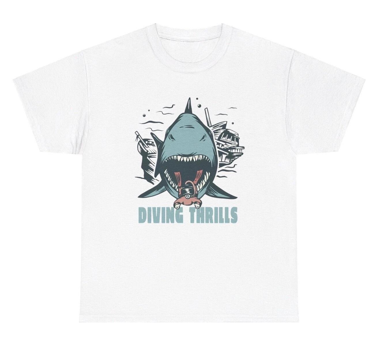 Diving Thrills Shark T Shirt Funny Diver Hobby Meme Gag Gift Tee S