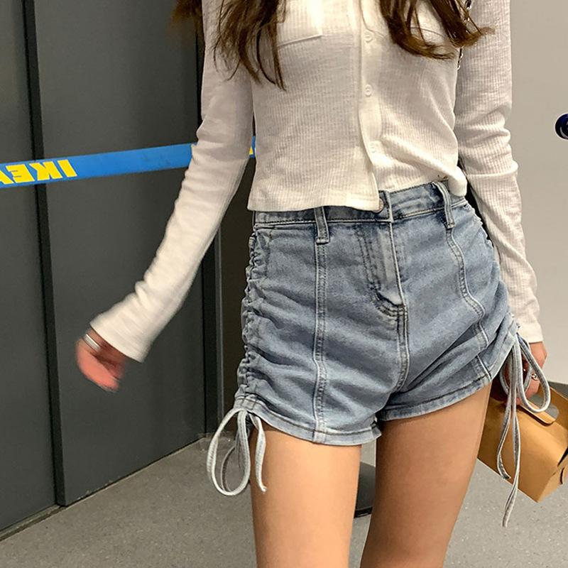 Skinny Moda ve Çok Yönlü Esnek Denim Şort Kadın Yüksek Belli Yüz Düz İnce Bağcıklı Pantolonlar Dar Günlük Şort Kadın