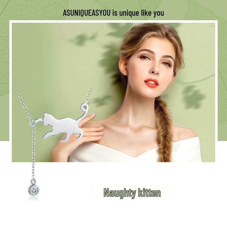 Avle Korean 925 Sterling Silver Naughty Kitten Diamond Necklace YSCN232
