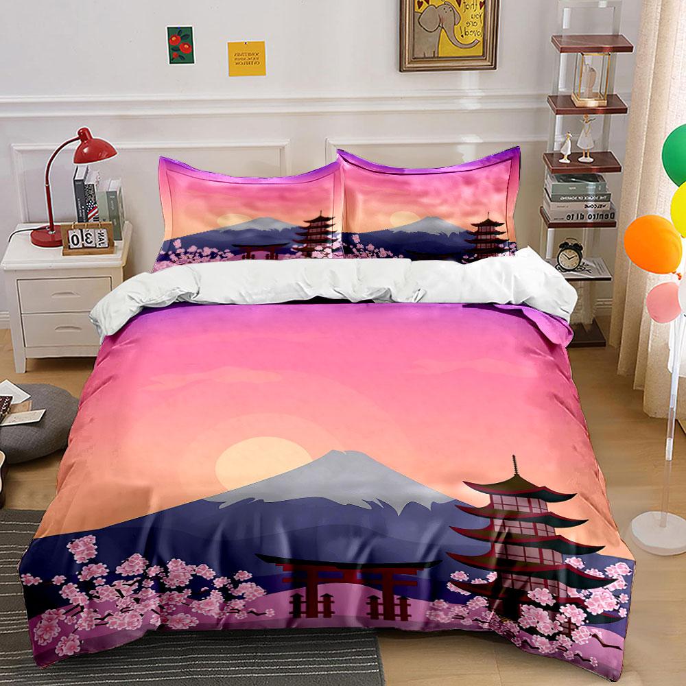 Japanese Landscape Three-Piece Set Decor Soft Skin-Friendly Bedding Set Includes 1 Duvet Cover And 2 Pillowcase Gift