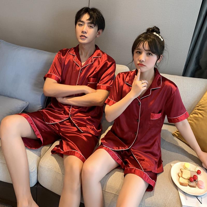 

Комплект женской пижамы из шелка с коротким рукавом и однотонной расцветкой - Женский кардиган и мужская домашняя одежда из ледяного шелка. Women s L