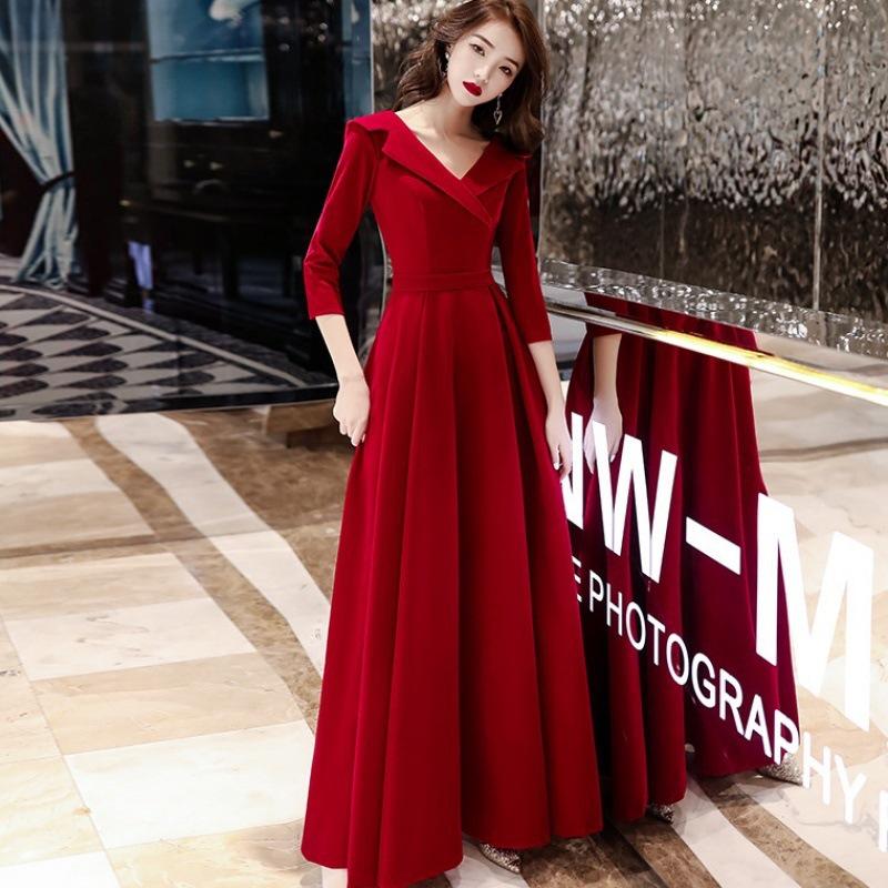 Autumn Red Wedding & Engagement Dress: Elegant Toast Dress for Brides