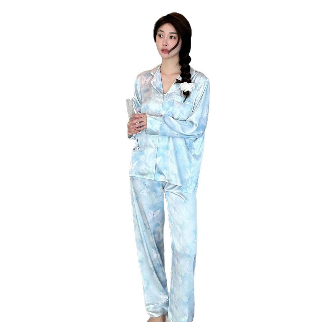 2025 Women's Ice Silk Tie-Dye Butterfly Pajama Set: Long Sleeve Top & Pants