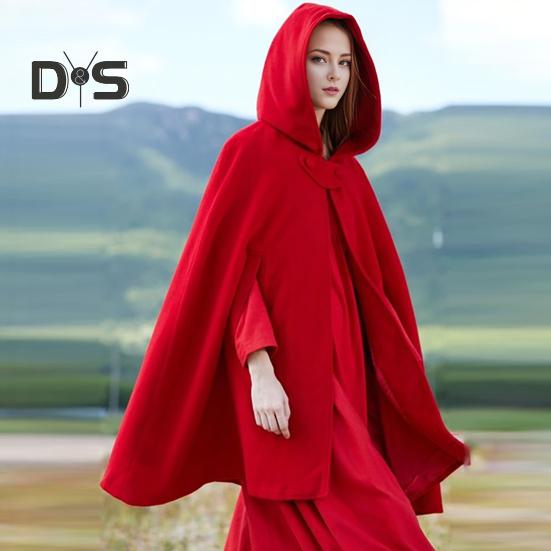 Winter Women Cape Coat with Hood Medieval Retro Cape Gothic Keep Warm Shawl Knee Length Loose Cloak Thick Single-Button Closure Outdoor Poncho Pirate