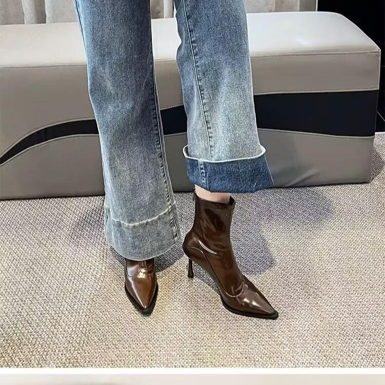 

Leather High-Top Long Boots for Women Wine Red Pointed Toe Slip on Botas Largas De Mujer Kitten Low Heels Mature 35 коричневый